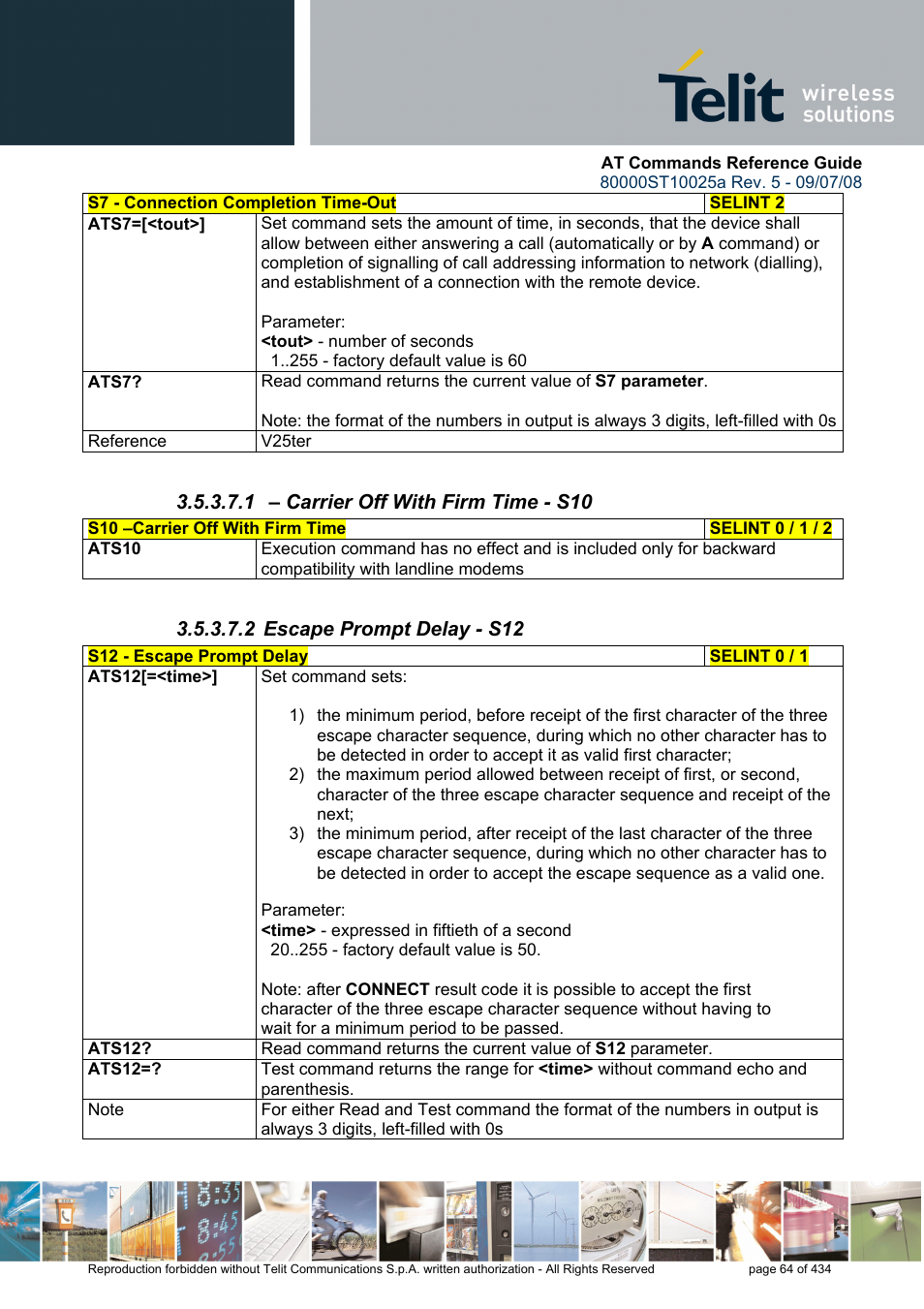 1 – carrier off with firm time - s10, 2 escape prompt delay - s12 | Rainbow Electronics GM862-QUAD-PY User Manual | Page 64 / 434