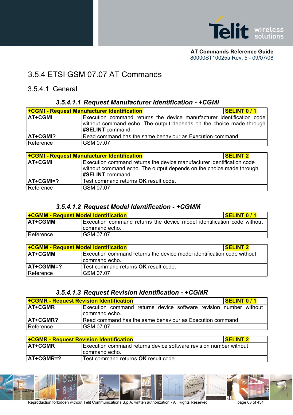 4 etsi gsm 07.07 at commands, 1 general, 1 request manufacturer identification - +cgmi | 2 request model identification - +cgmm, 3 request revision identification - +cgmr | Rainbow Electronics GM862-QUAD-PY User Manual | Page 68 / 434