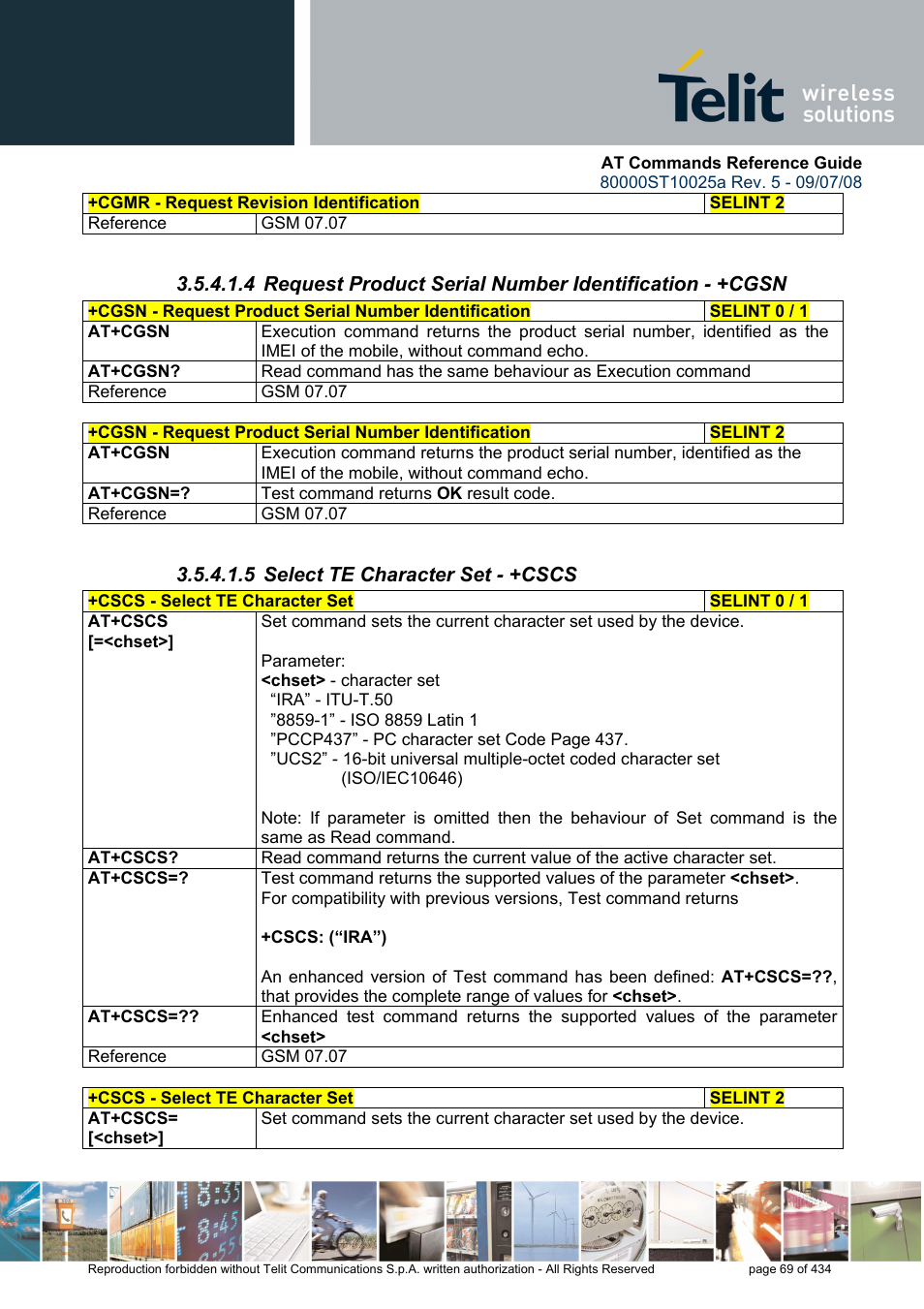 5 select te character set - +cscs | Rainbow Electronics GM862-QUAD-PY User Manual | Page 69 / 434