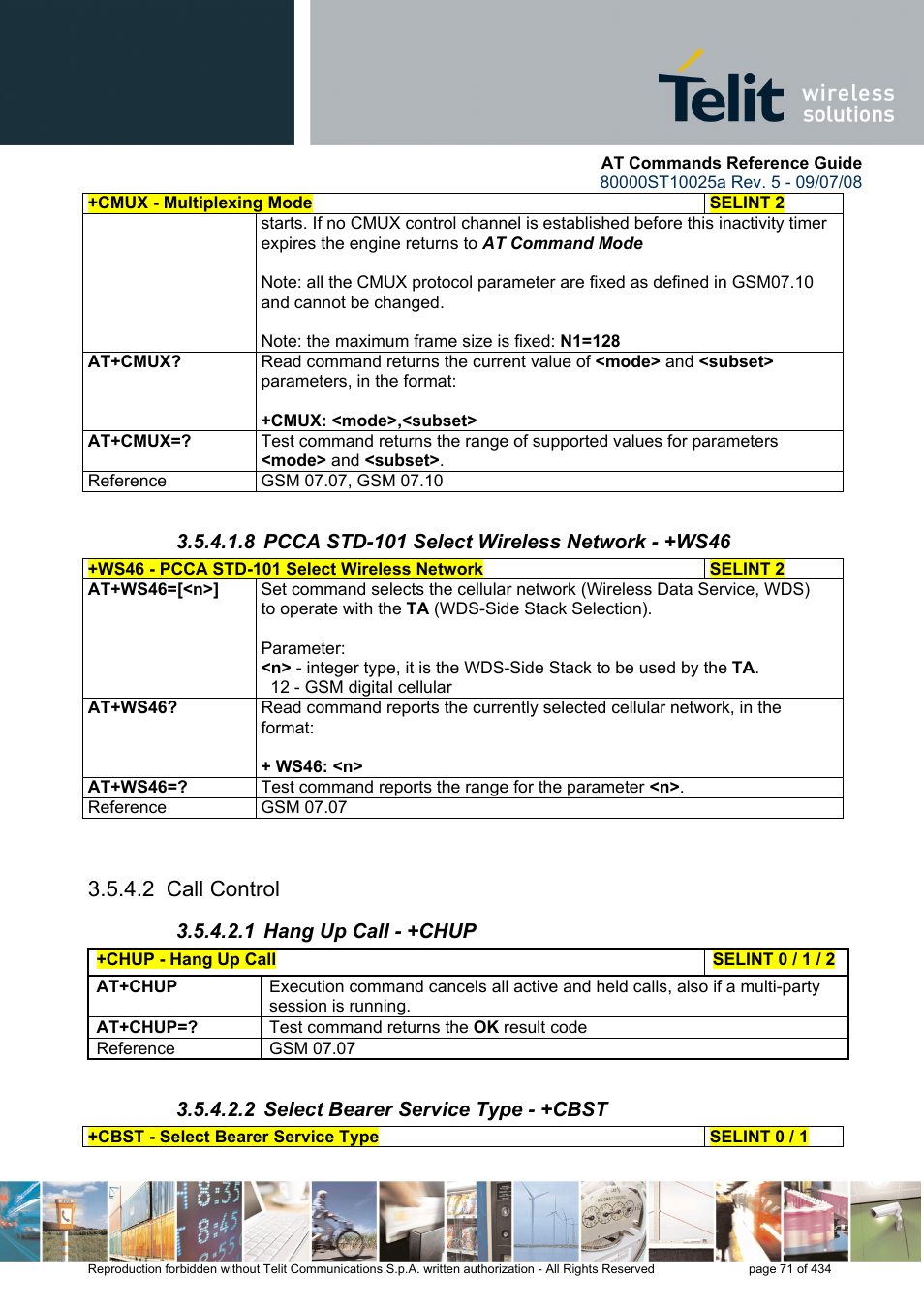 8 pcca std-101 select wireless network - +ws46, 2 call control, 1 hang up call - +chup | 2 select bearer service type - +cbst | Rainbow Electronics GM862-QUAD-PY User Manual | Page 71 / 434