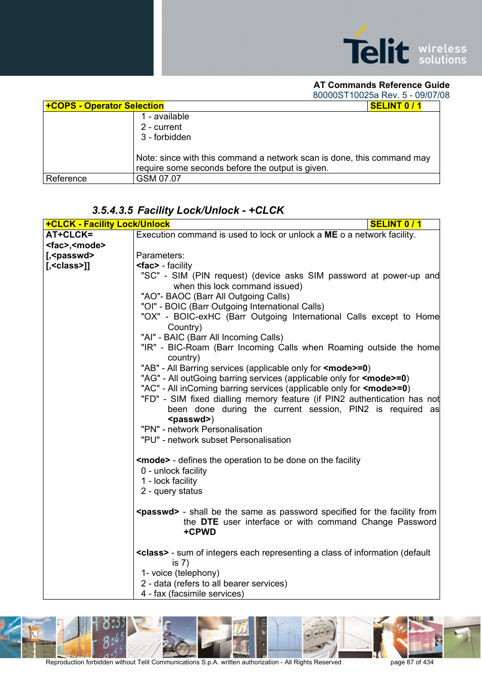 5 facility lock/unlock - +clck | Rainbow Electronics GM862-QUAD-PY User Manual | Page 87 / 434