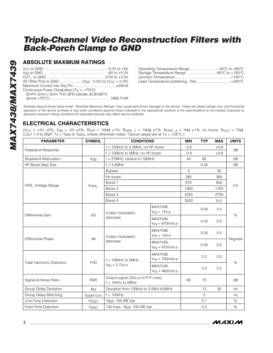 Absolute maximum ratings, Electrical characteristics | Rainbow Electronics MAX7439 User Manual | Page 2 / 10
