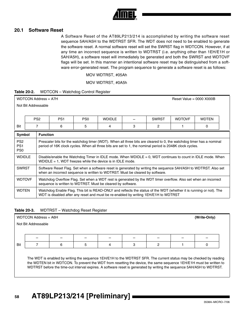 1 software reset | Rainbow Electronics AT89LP214 User Manual | Page 58 / 90