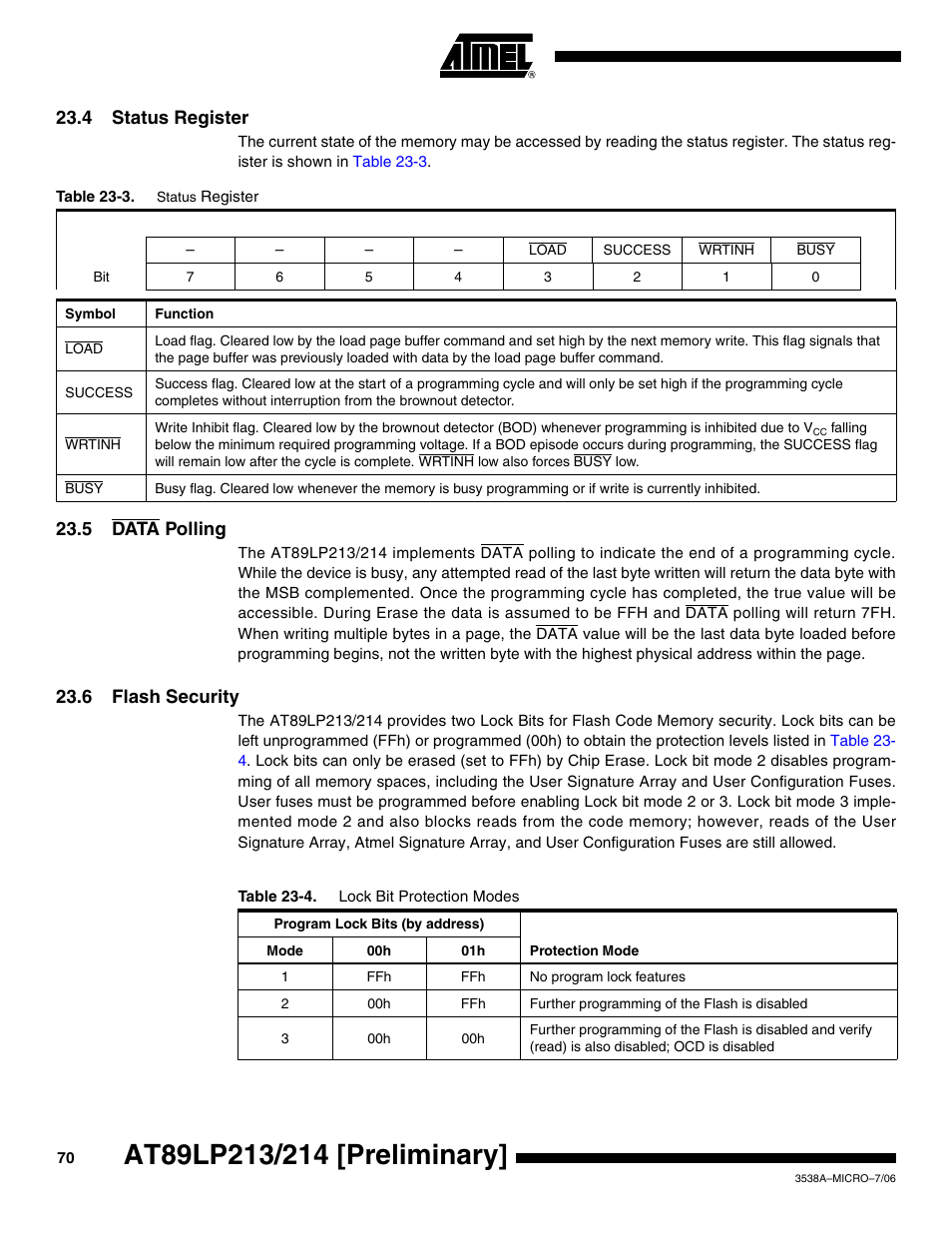4 status register, 5 data polling, 6 flash security | Rainbow Electronics AT89LP214 User Manual | Page 70 / 90