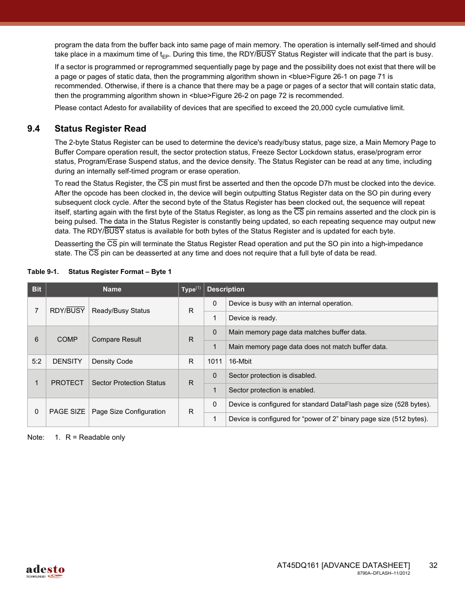 4 status register read | Rainbow Electronics AT45DQ161 User Manual | Page 32 / 81