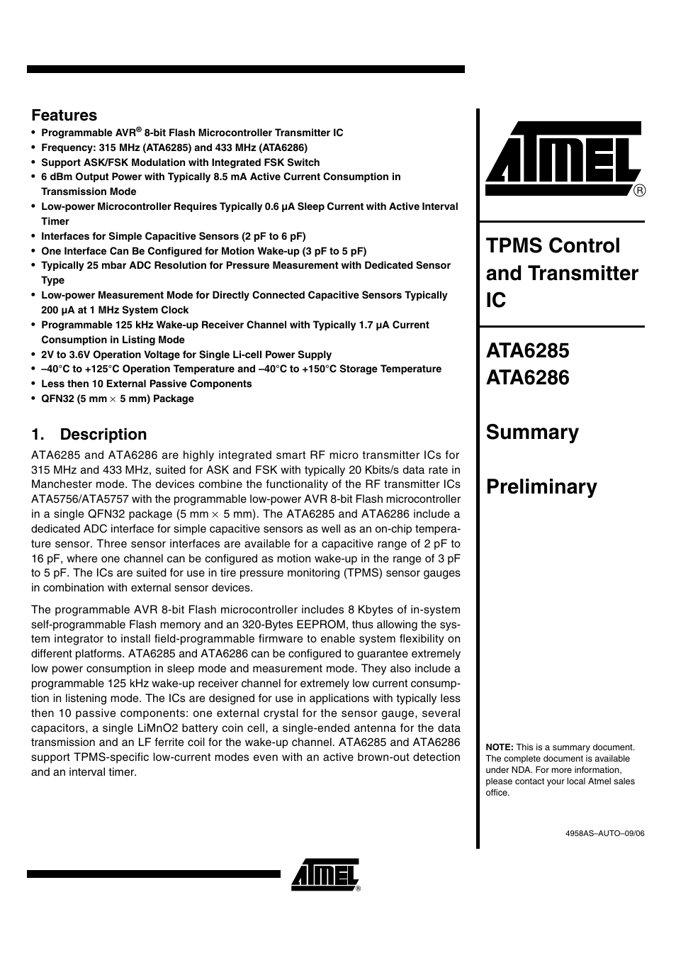 Rainbow Electronics ATA6286 User Manual | 18 pages