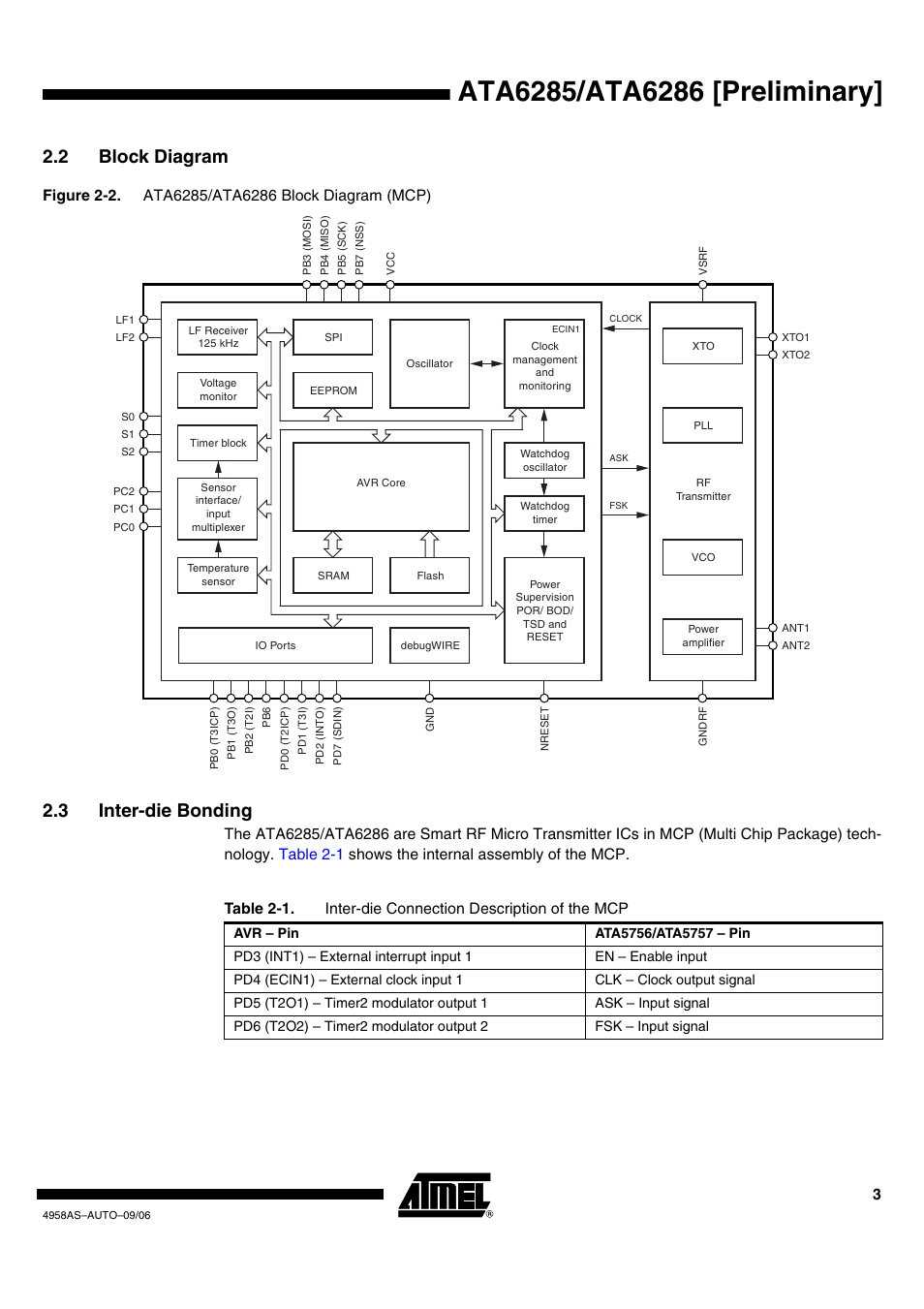 2 block diagram, 3 inter-die bonding | Rainbow Electronics ATA6286 User Manual | Page 3 / 18