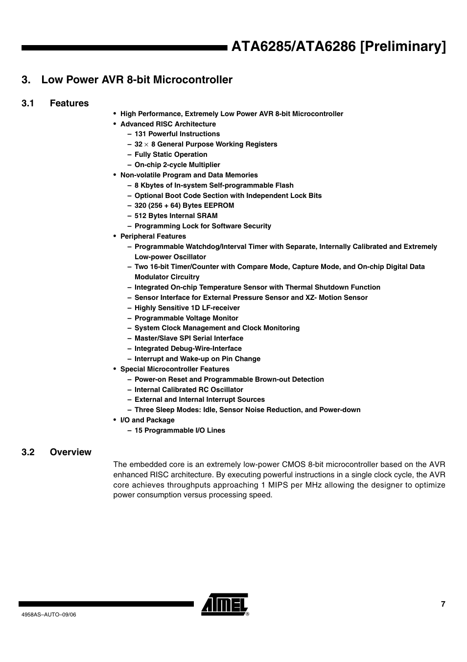 Low power avr 8-bit microcontroller, 1 features, 2 overview | Rainbow Electronics ATA6286 User Manual | Page 7 / 18