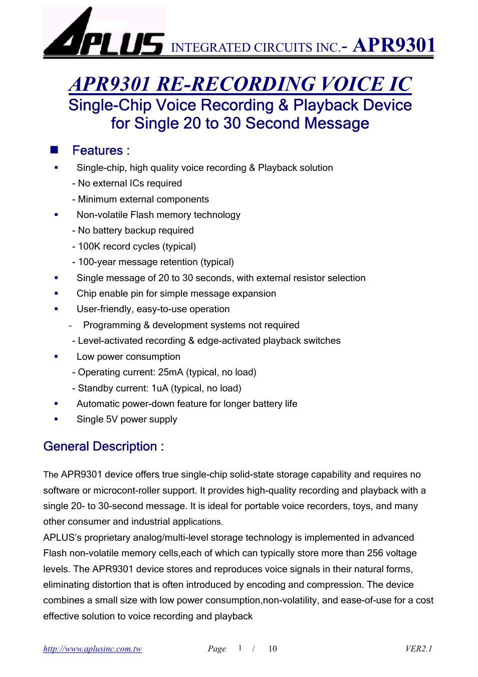 Rainbow Electronics APR9301 User Manual | 10 pages