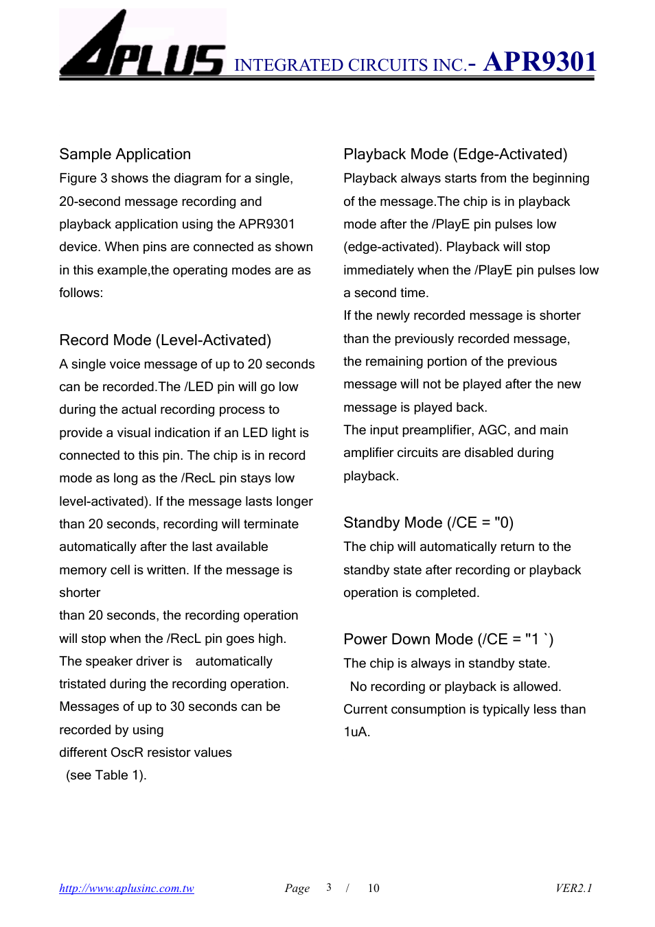 Apr9301, Integrated circuits inc | Rainbow Electronics APR9301 User Manual | Page 3 / 10