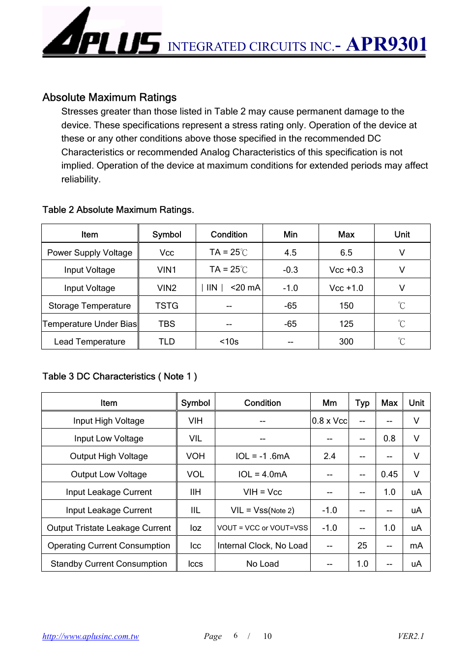 Apr9301, Integrated circuits inc, Absolute maximum ratings | Rainbow Electronics APR9301 User Manual | Page 6 / 10