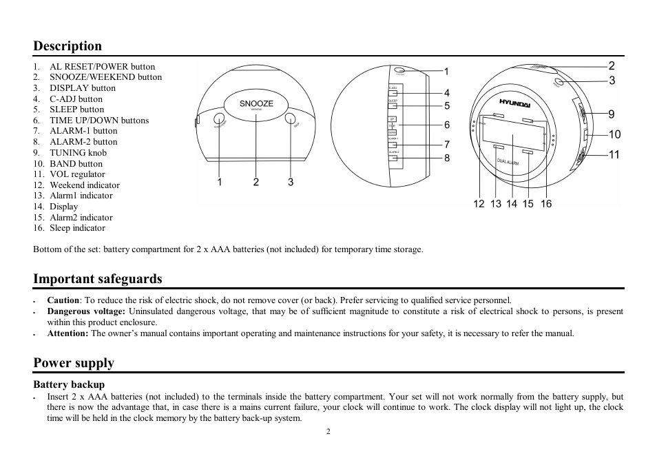 Description, Important safeguards, Power supply | Hyundai H-1519 User Manual | Page 2 / 10