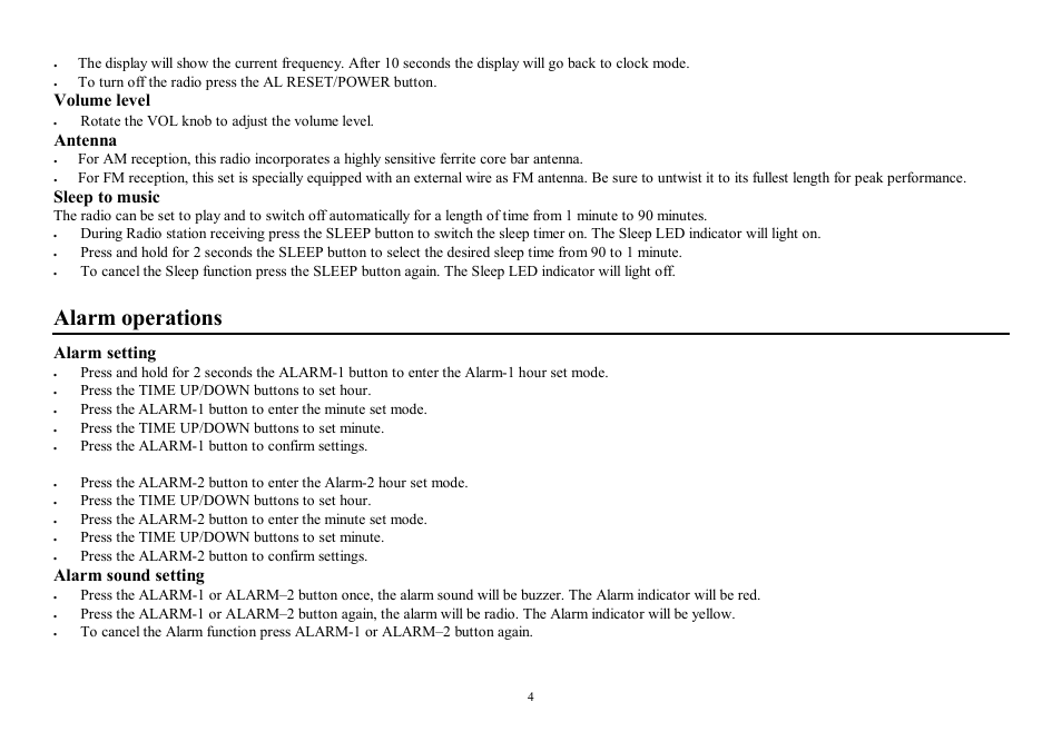 Alarm operations, Volume level, Antenna | Sleep to music, Alarm setting, Alarm sound setting | Hyundai H-1519 User Manual | Page 4 / 10