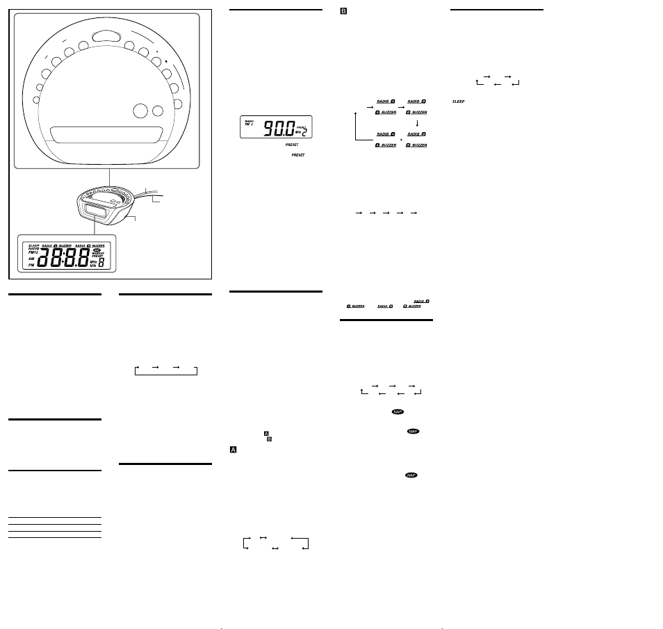Setting the clock, Setting the brightness of the backlight, Changing am channel step | Playing the radio, Improving the reception, Presetting your favourite station, Setting the alarm, Using the nap timer (count down timer), Setting the sleep timer | Sony ICF-C263 User Manual | Page 2 / 2