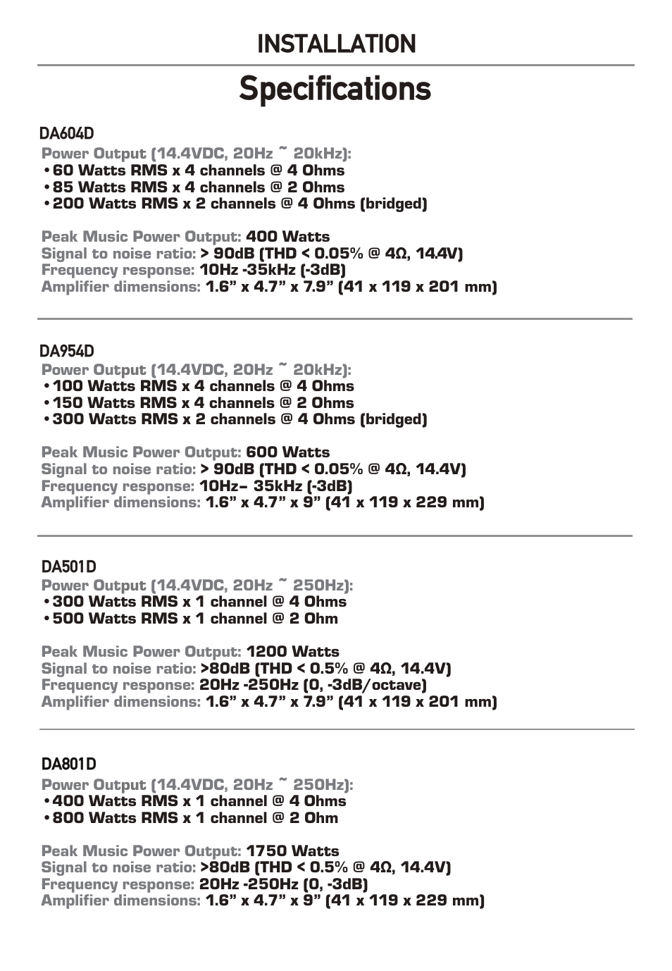 Specifications, Installation | Dual Electronics DA801D User Manual | Page 10 / 12