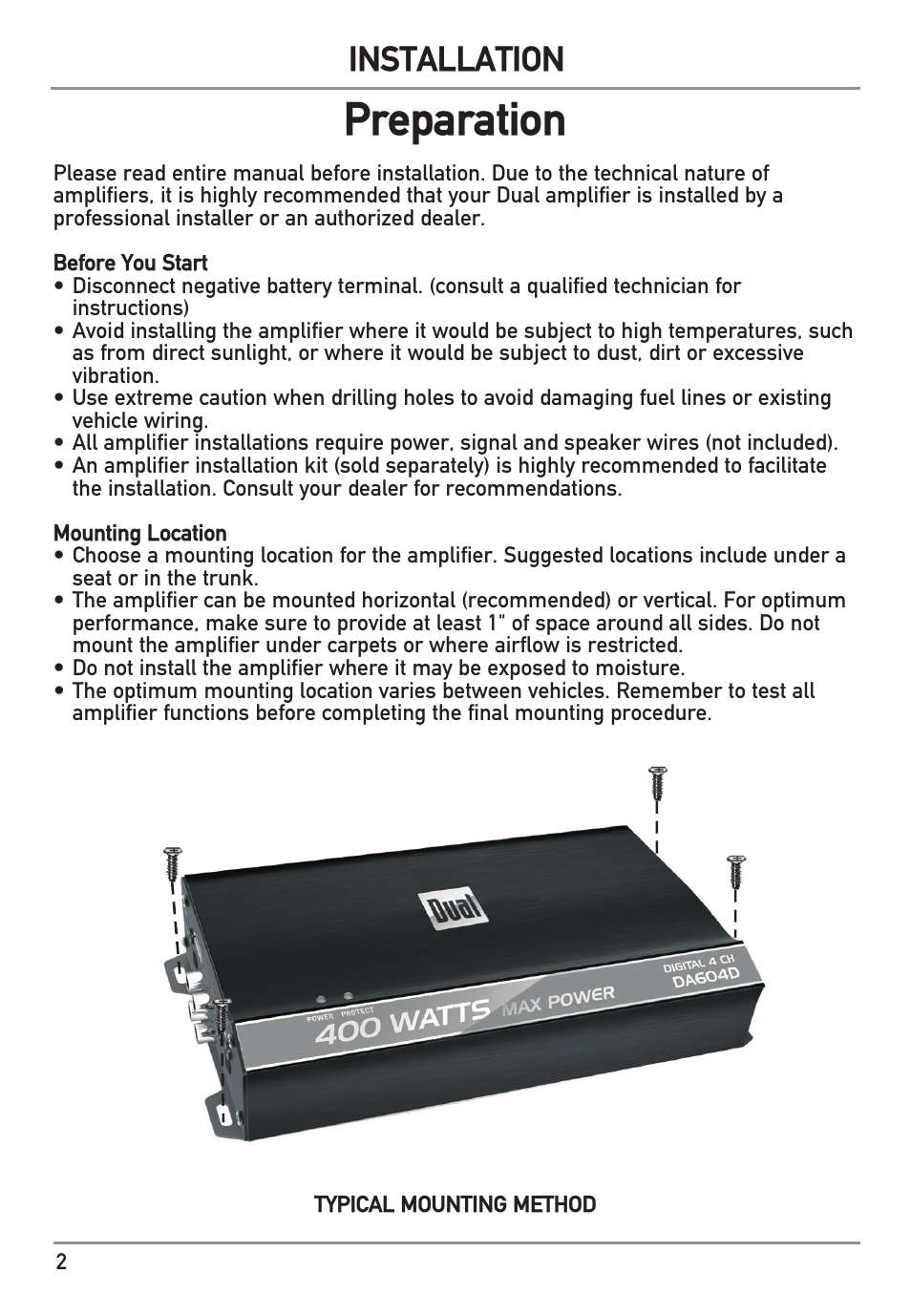 Preparation, Installation | Dual Electronics DA801D User Manual | Page 2 / 12