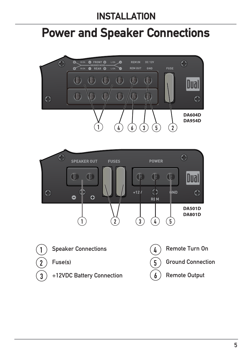 Power and speaker connections, Installation | Dual Electronics DA801D User Manual | Page 5 / 12