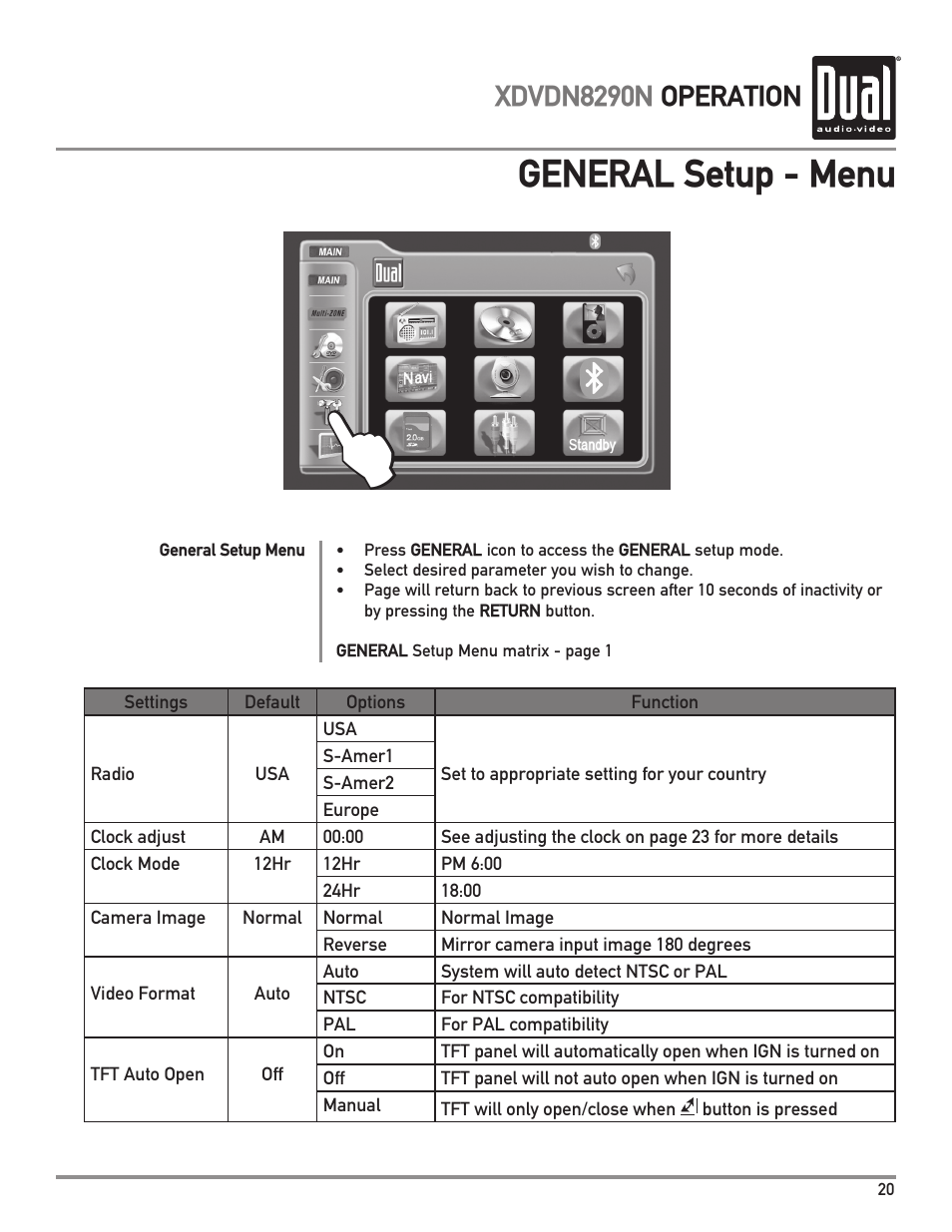 General setup - menu, Xdvdn8290n operation | Dual Electronics XDVDN8290N User Manual | Page 21 / 88