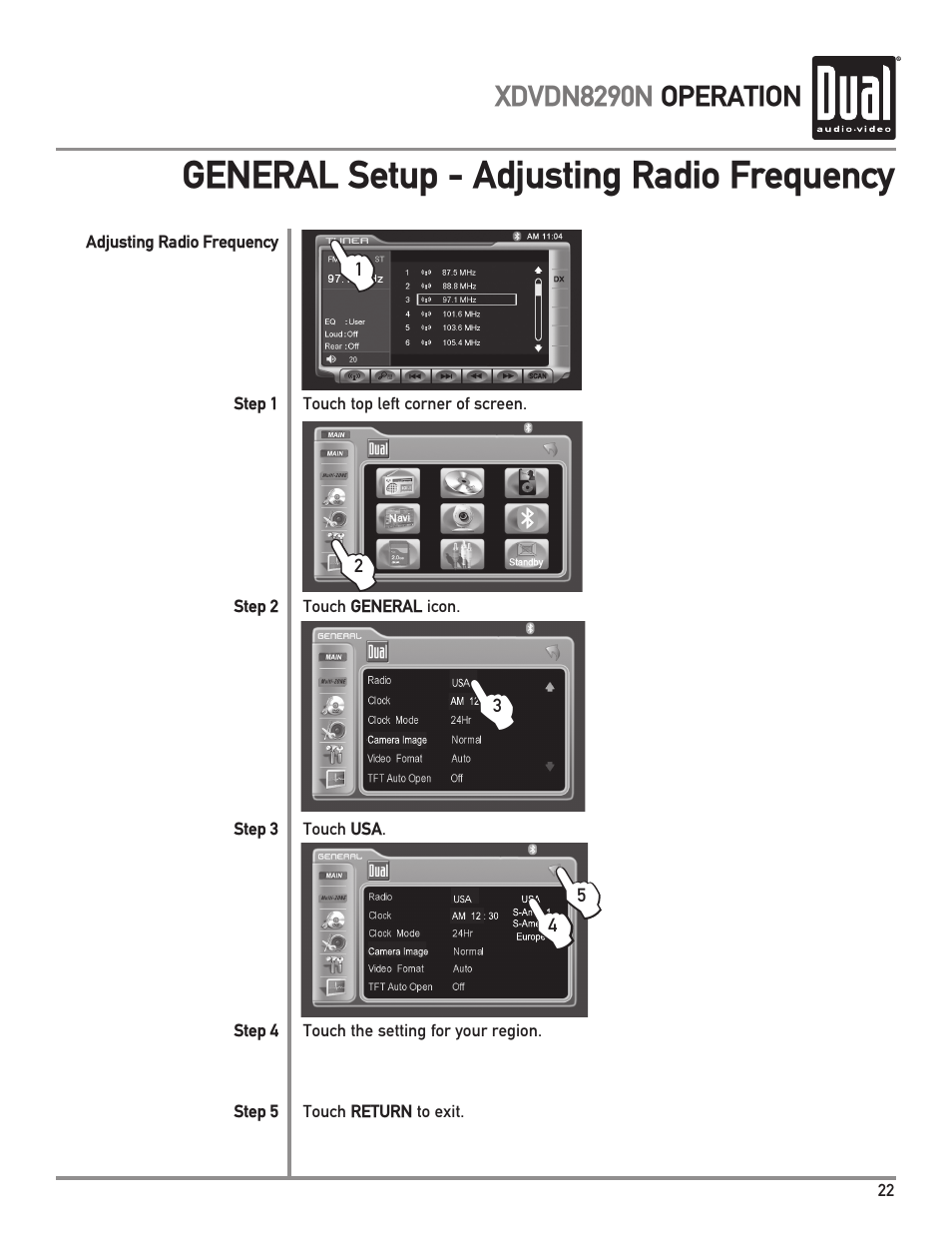 General setup - adjusting radio frequency | Dual Electronics XDVDN8290N User Manual | Page 23 / 88