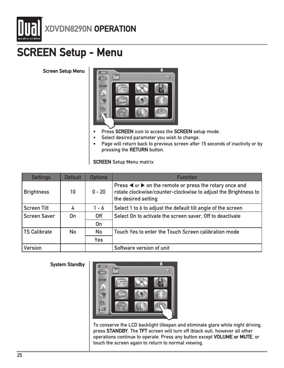 Screen setup - menu, Xdvdn8290n operation | Dual Electronics XDVDN8290N User Manual | Page 26 / 88