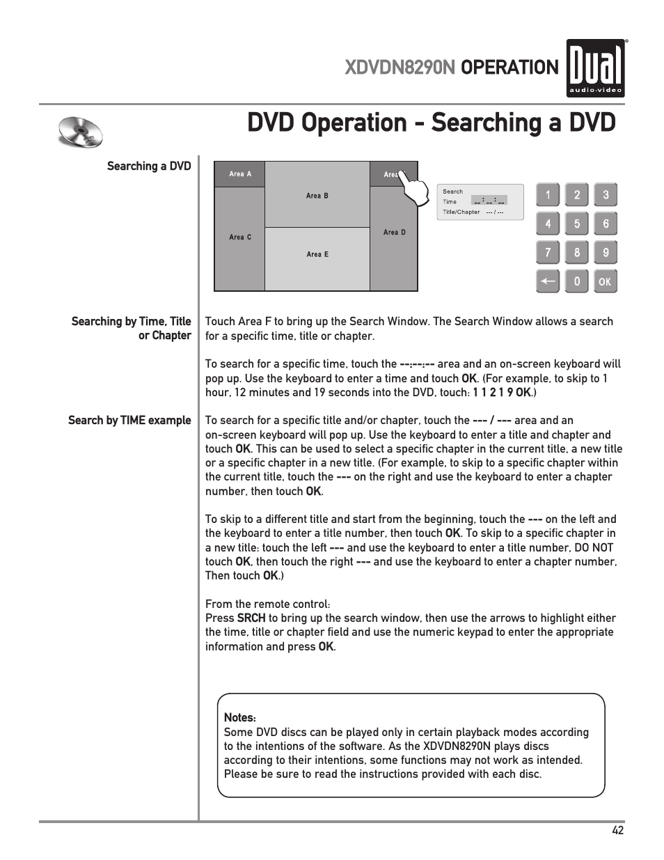 Dvd operation - searching a dvd, Xdvdn8290n operation | Dual Electronics XDVDN8290N User Manual | Page 43 / 88