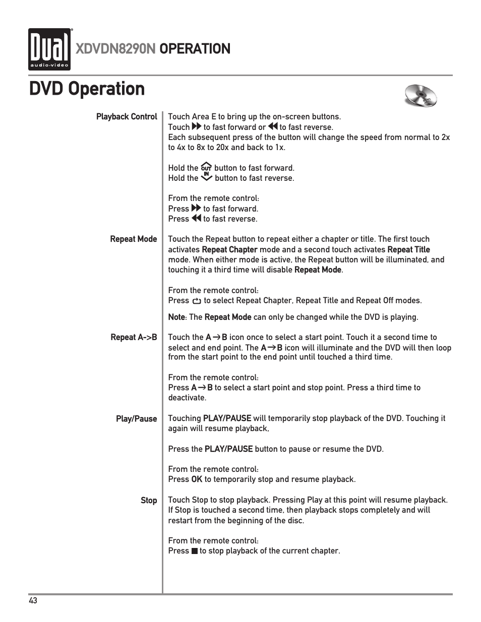 Dvd operation, Xdvdn8290n operation | Dual Electronics XDVDN8290N User Manual | Page 44 / 88