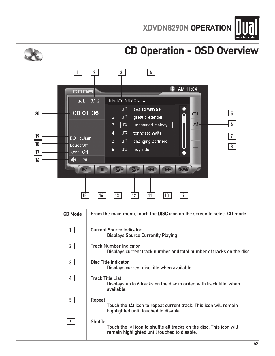 Cd operation - osd overview, Xdvdn8290n operation | Dual Electronics XDVDN8290N User Manual | Page 53 / 88