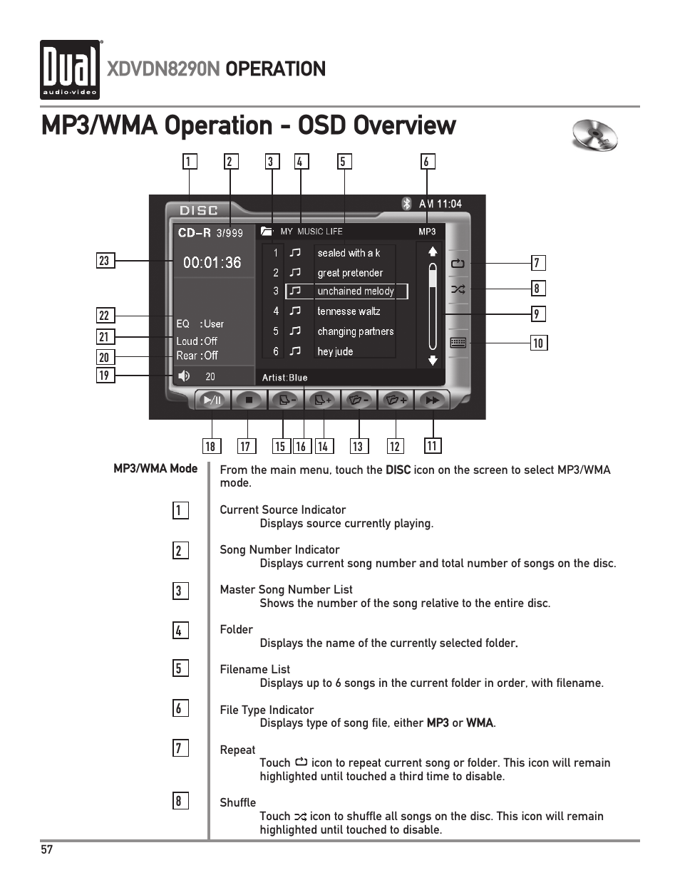 Mp3/wma operation - osd overview, Xdvdn8290n operation | Dual Electronics XDVDN8290N User Manual | Page 58 / 88