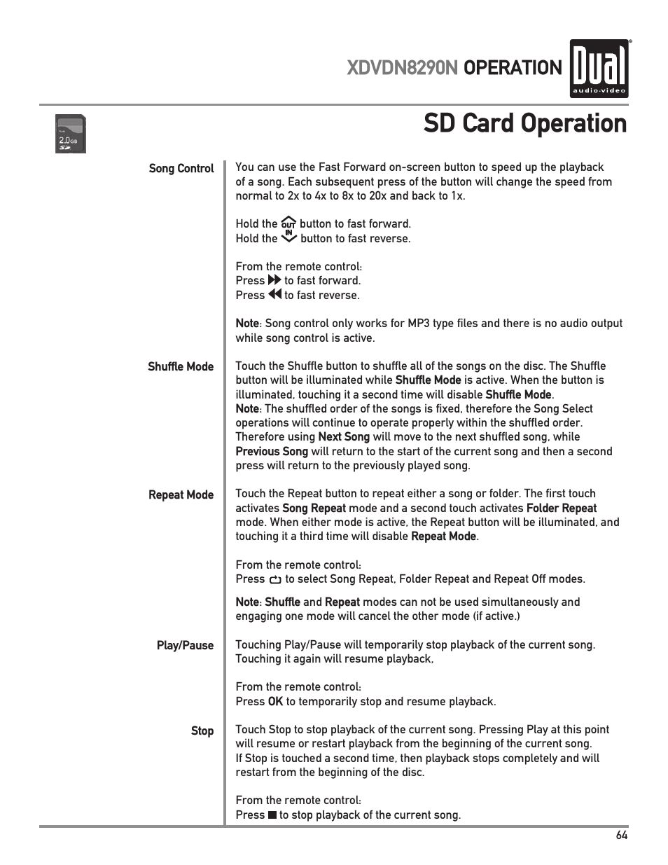 Sd card operation, Xdvdn8290n operation | Dual Electronics XDVDN8290N User Manual | Page 65 / 88