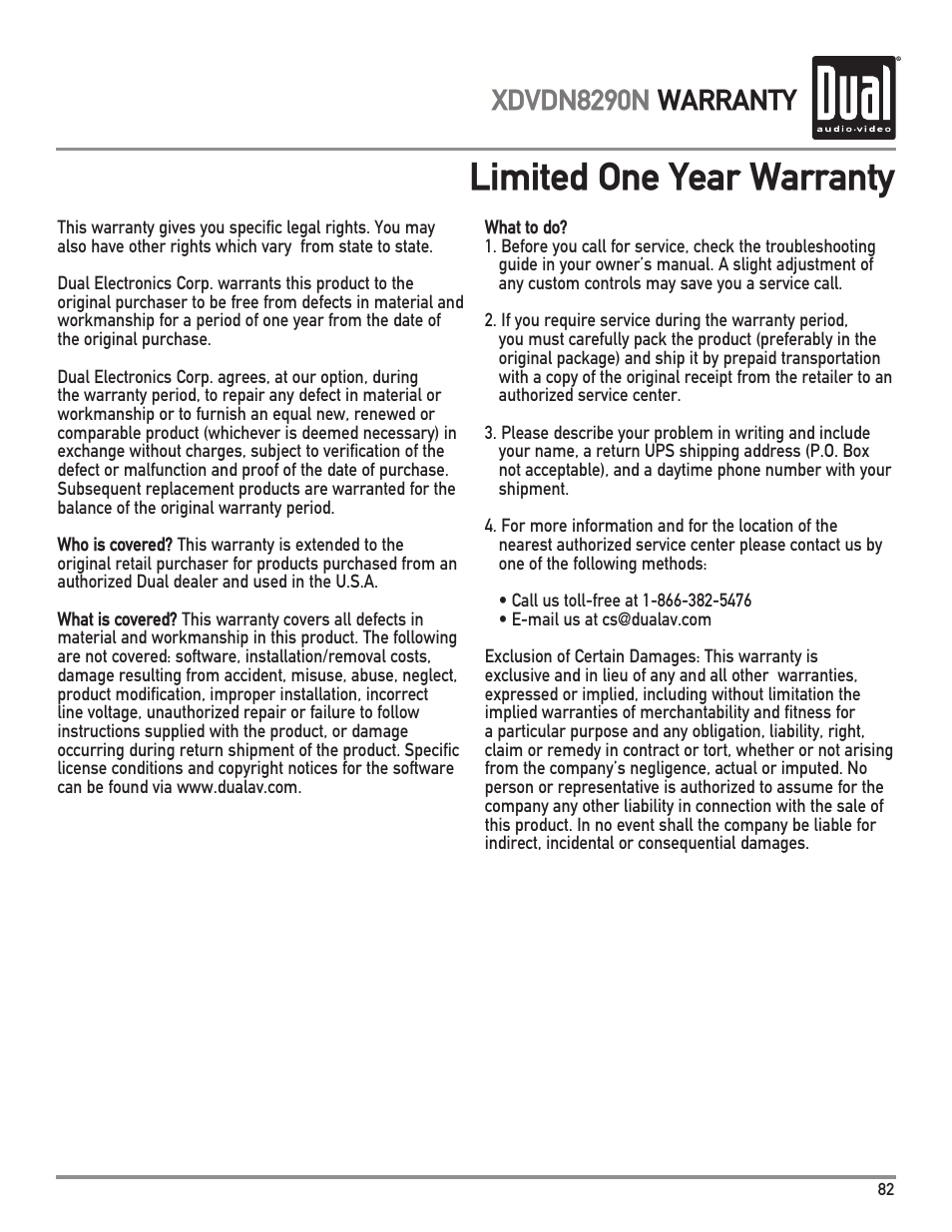 Limited one year warranty, Xdvdn8290n operation, Xdvdn8290n warranty | Dual Electronics XDVDN8290N User Manual | Page 83 / 88