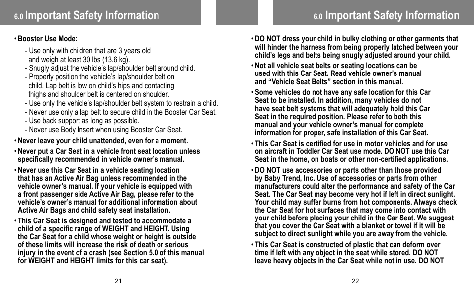 Important safety information | BabyTrend FB60408 - TRENDZ FASTBACK 3-IN-1 CAR SEAT - JELLY BEAN User Manual | Page 12 / 42