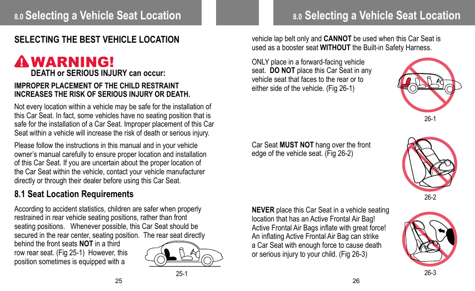Warning, Selecting a vehicle seat location | BabyTrend FB60408 - TRENDZ FASTBACK 3-IN-1 CAR SEAT - JELLY BEAN User Manual | Page 14 / 42