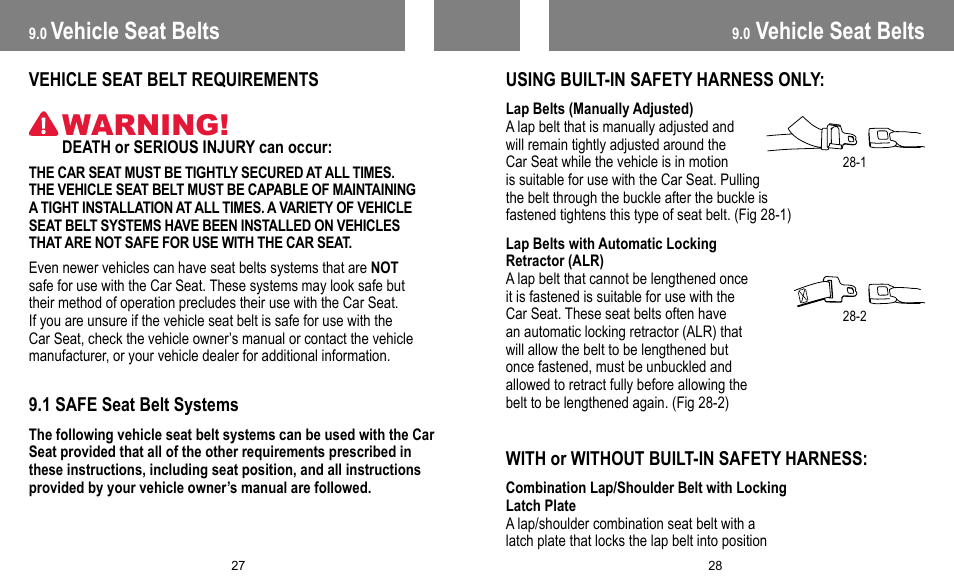 Warning, Vehicle seat belts | BabyTrend FB60408 - TRENDZ FASTBACK 3-IN-1 CAR SEAT - JELLY BEAN User Manual | Page 15 / 42