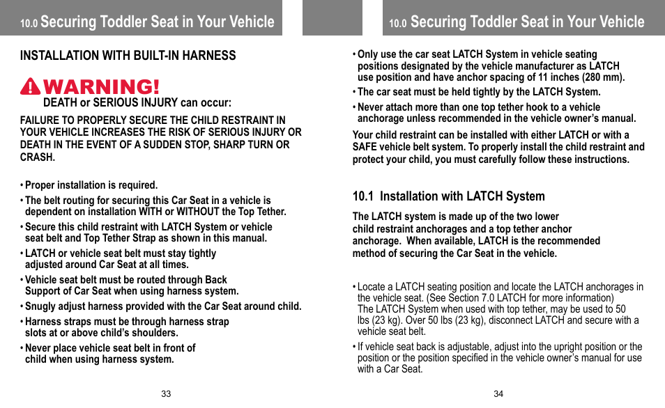 Warning, Securing toddler seat in your vehicle | BabyTrend FB60408 - TRENDZ FASTBACK 3-IN-1 CAR SEAT - JELLY BEAN User Manual | Page 18 / 42