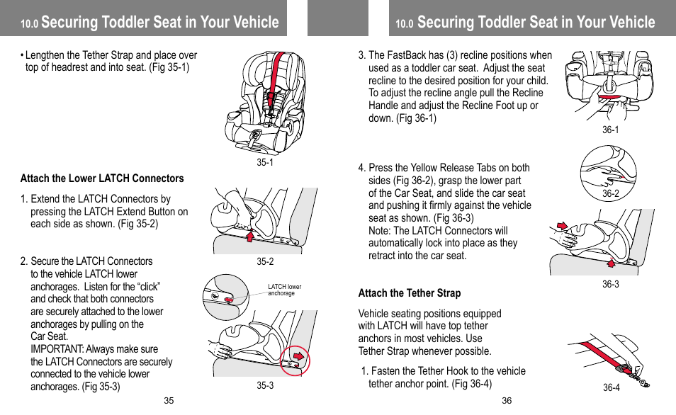 Securing toddler seat in your vehicle | BabyTrend FB60408 - TRENDZ FASTBACK 3-IN-1 CAR SEAT - JELLY BEAN User Manual | Page 19 / 42
