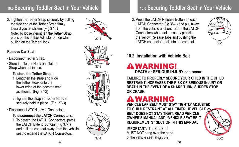 Warning, Securing toddler seat in your vehicle | BabyTrend FB60408 - TRENDZ FASTBACK 3-IN-1 CAR SEAT - JELLY BEAN User Manual | Page 20 / 42