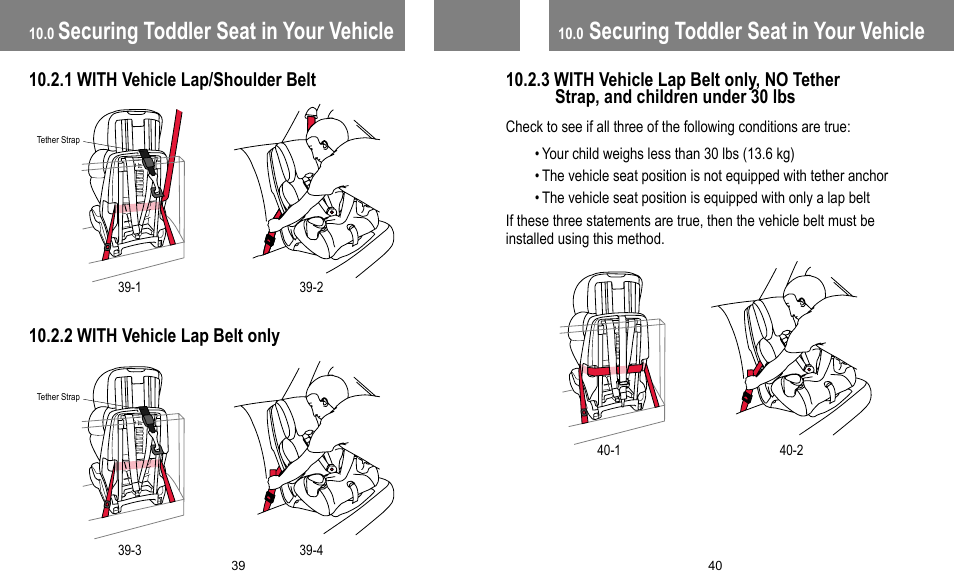 Securing toddler seat in your vehicle | BabyTrend FB60408 - TRENDZ FASTBACK 3-IN-1 CAR SEAT - JELLY BEAN User Manual | Page 21 / 42