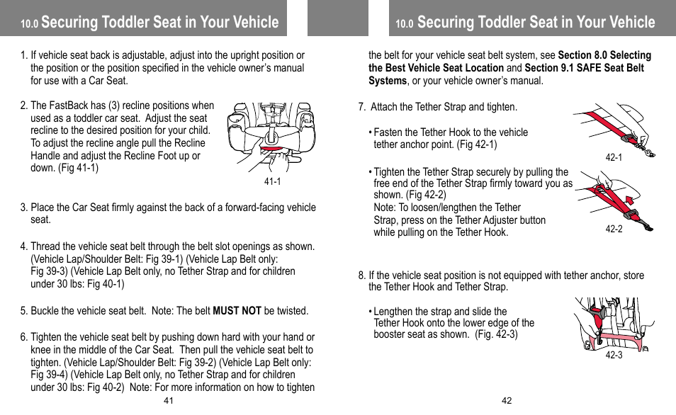 Securing toddler seat in your vehicle | BabyTrend FB60408 - TRENDZ FASTBACK 3-IN-1 CAR SEAT - JELLY BEAN User Manual | Page 22 / 42