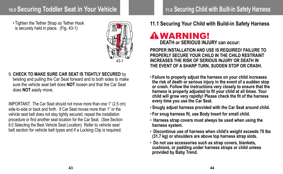 Warning, General warnings, Registration information | Securing toddler seat in your vehicle, Securing child with built-in safety harness | BabyTrend FB60408 - TRENDZ FASTBACK 3-IN-1 CAR SEAT - JELLY BEAN User Manual | Page 23 / 42