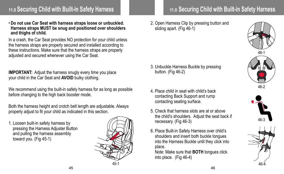 Securing child with built-in safety harness | BabyTrend FB60408 - TRENDZ FASTBACK 3-IN-1 CAR SEAT - JELLY BEAN User Manual | Page 24 / 42