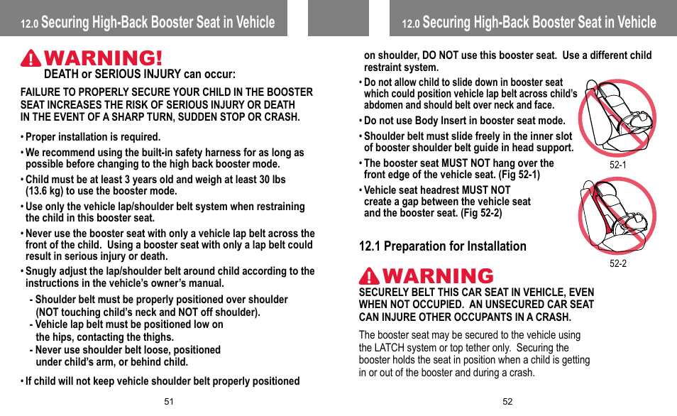 Warning, Securing high-back booster seat in vehicle | BabyTrend FB60408 - TRENDZ FASTBACK 3-IN-1 CAR SEAT - JELLY BEAN User Manual | Page 27 / 42