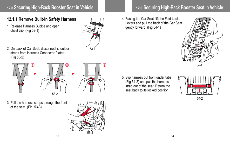 Securing high-back booster seat in vehicle, 1 remove built-in safety harness | BabyTrend FB60408 - TRENDZ FASTBACK 3-IN-1 CAR SEAT - JELLY BEAN User Manual | Page 28 / 42