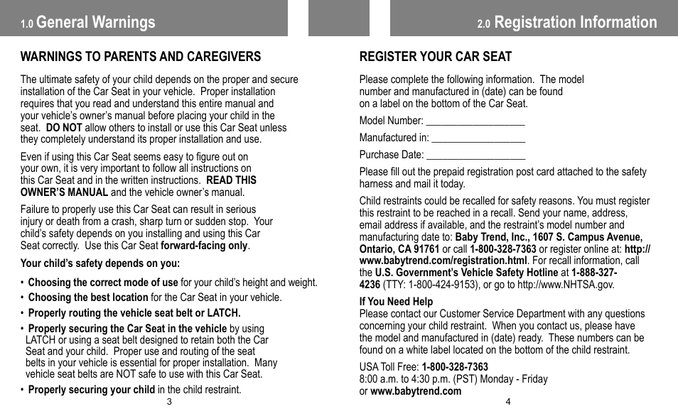Registration information, General warnings | BabyTrend FB60408 - TRENDZ FASTBACK 3-IN-1 CAR SEAT - JELLY BEAN User Manual | Page 3 / 42