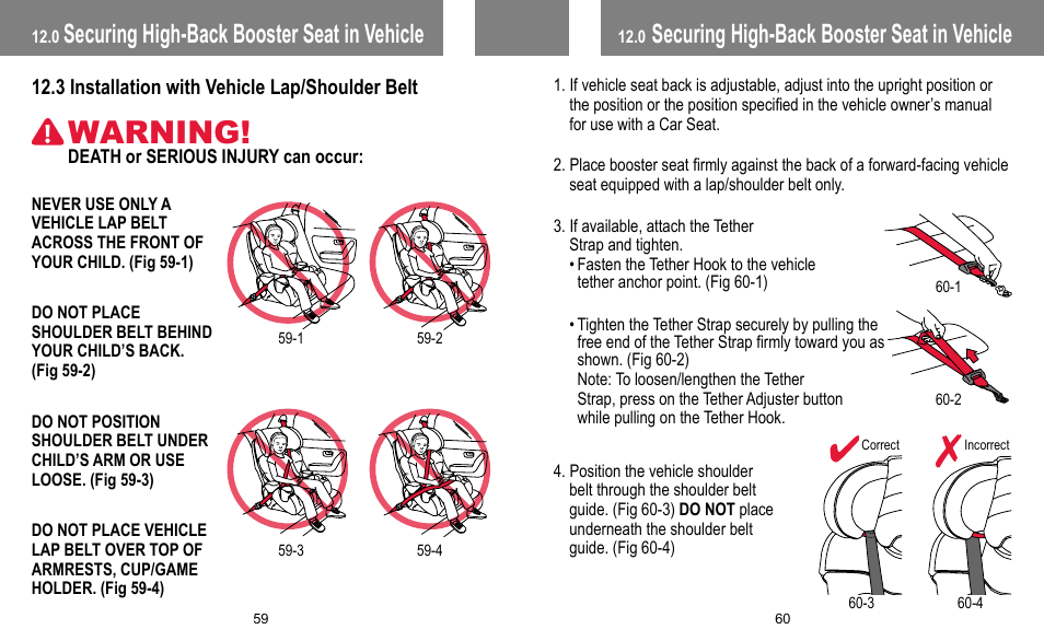 Warning, Securing high-back booster seat in vehicle | BabyTrend FB60408 - TRENDZ FASTBACK 3-IN-1 CAR SEAT - JELLY BEAN User Manual | Page 31 / 42