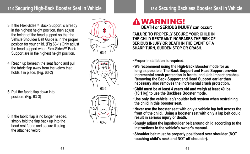 Warning, Securing backless booster seat in vehicle, Securing high-back booster seat in vehicle | BabyTrend FB60408 - TRENDZ FASTBACK 3-IN-1 CAR SEAT - JELLY BEAN User Manual | Page 33 / 42