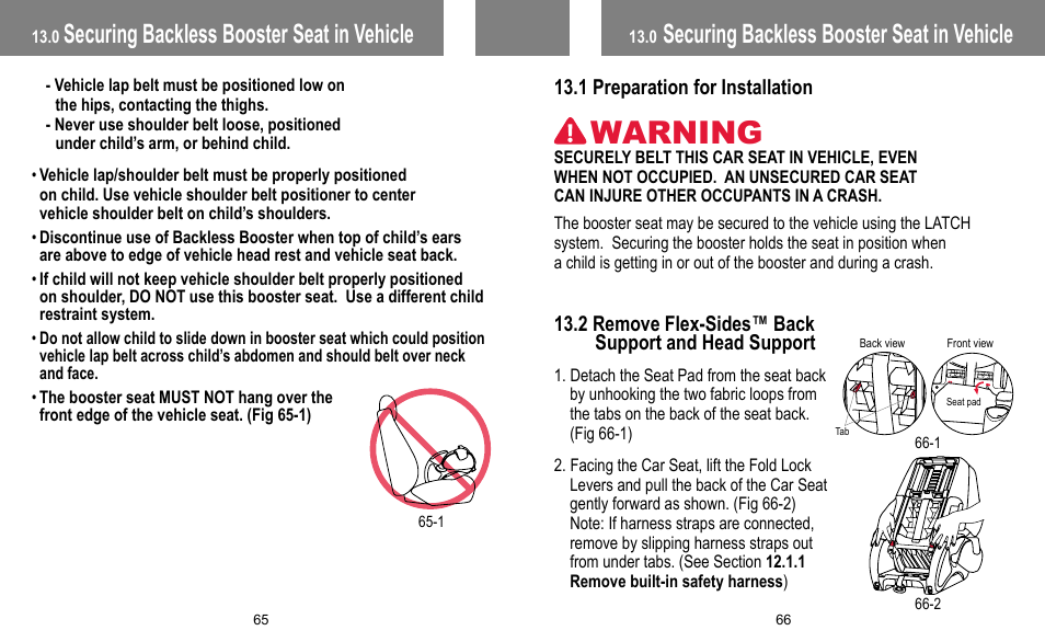 Warning, Securing backless booster seat in vehicle | BabyTrend FB60408 - TRENDZ FASTBACK 3-IN-1 CAR SEAT - JELLY BEAN User Manual | Page 34 / 42