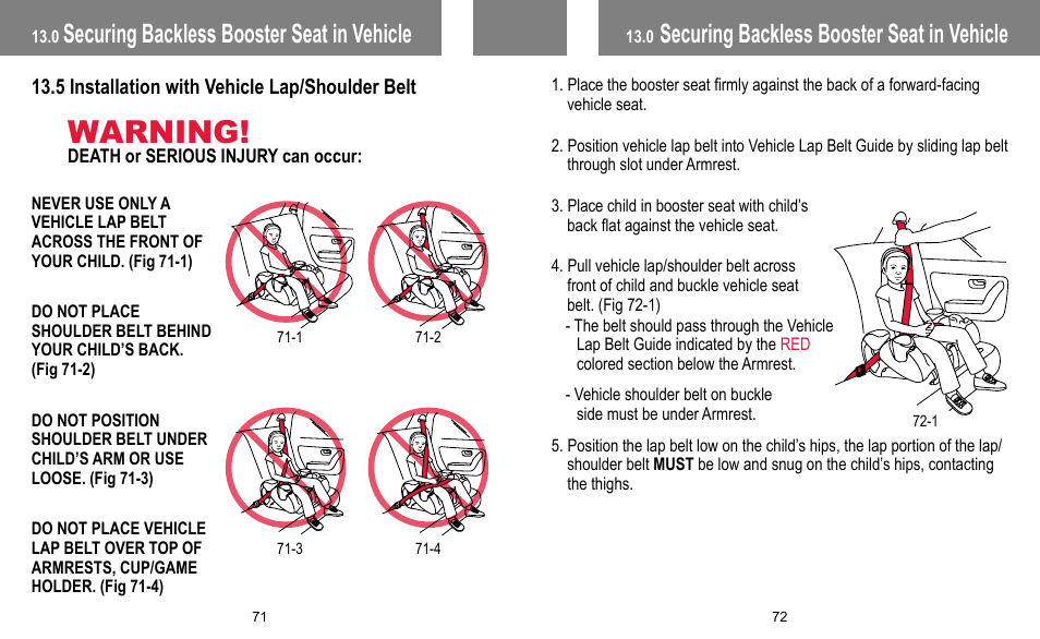 Warning, Securing backless booster seat in vehicle | BabyTrend FB60408 - TRENDZ FASTBACK 3-IN-1 CAR SEAT - JELLY BEAN User Manual | Page 37 / 42