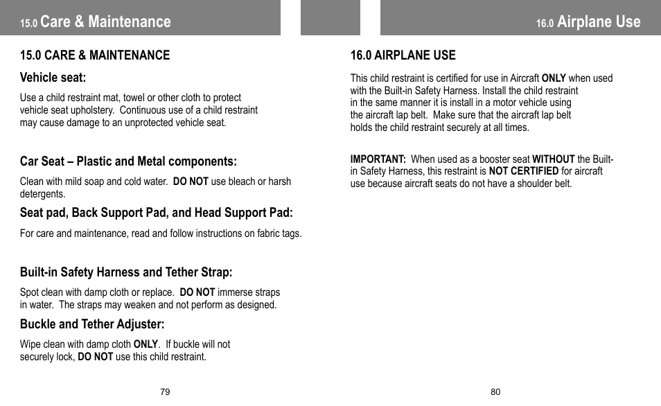 Airplane use, Care & maintenance | BabyTrend FB60408 - TRENDZ FASTBACK 3-IN-1 CAR SEAT - JELLY BEAN User Manual | Page 41 / 42