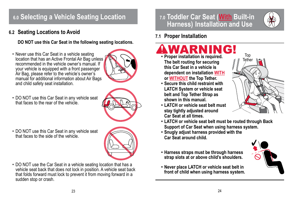 Warning, Selecting a vehicle seating location | BabyTrend HYBRID 3-IN-1 User Manual | Page 13 / 48