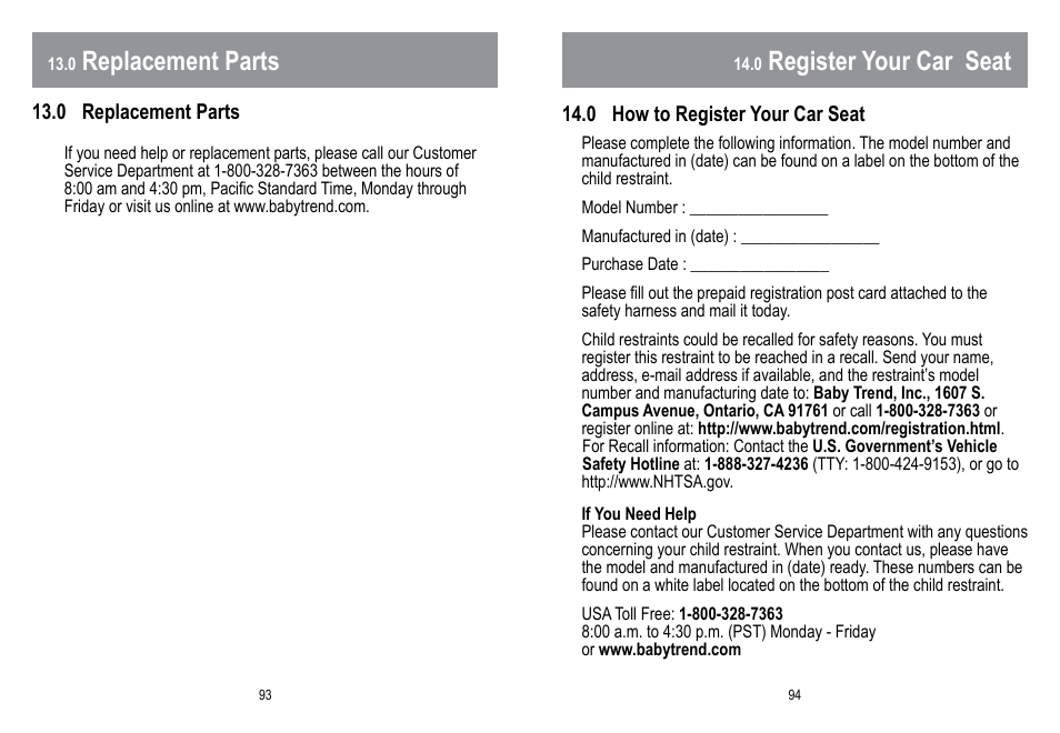 Replacement parts, Register your car seat | BabyTrend HYBRID 3-IN-1 User Manual | Page 48 / 48